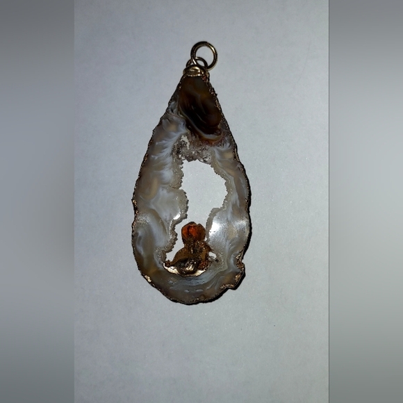 Druzy Agate Slice With Amber Inside Gold Wrapped - Picture 3 of 6